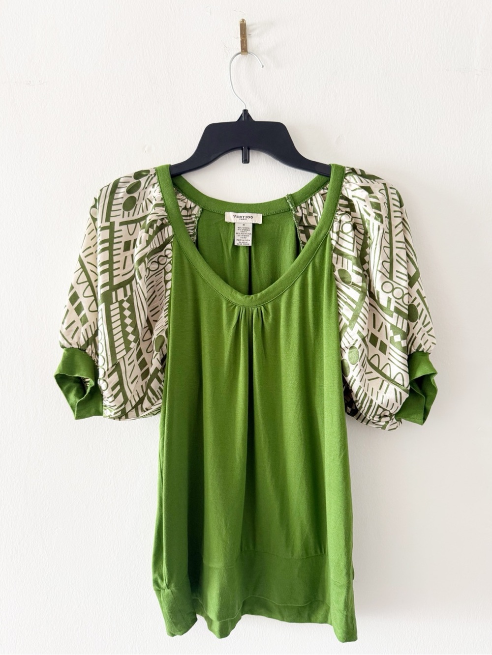 Vintage Y2K Vertigo Paris Satin Geometric Puff Sleeve Green Blouse Size Medium
